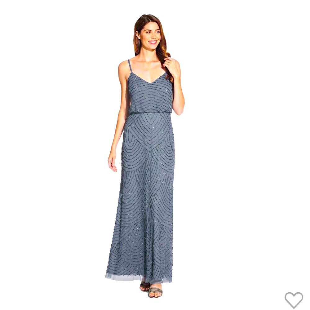 Adrianna Papell ART DECO BEADED BLOUSON GOWN IN DUSTY BLUE Size 8 EUC wedding